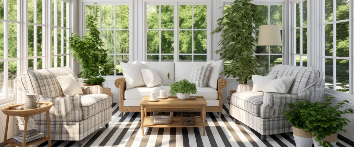 A brightly lit sun room featuring large white-framed windows, comfortable plaid armchairs, a wicker-framed sofa, and a black and white striped area rug.