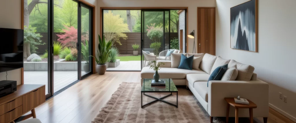 Contemporary ADU interior living space showcasing a white sectional sofa, wood flooring, and large sliding glass doors that open up to a lush backyard garden.