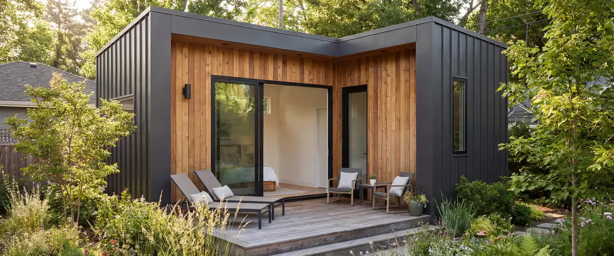 A contemporary backyard ADU featuring a mix of dark vertical metal and natural wood siding, open glass sliding doors, and a wooden deck with two grey lounge chairs surrounded by a lush garden.