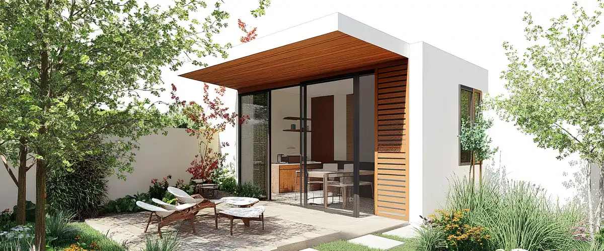 A bright modern white ADU featuring large sliding glass doors, a wood-slatted exterior accent, and a covered patio area with lounge chairs.