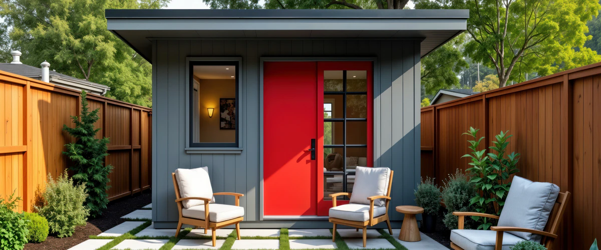 A stylish grey ADU featuring striking bright red glass-paned double doors, situated next to a wooden fence with two lounge chairs resting on a geometric paver and grass patio.