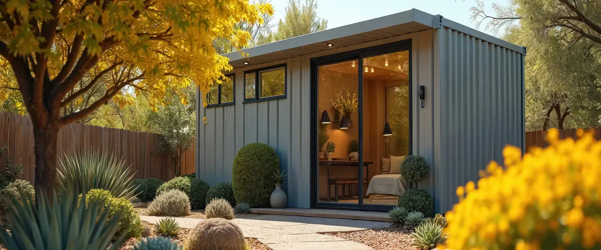 A contemporary grey metal-sided ADU nestled in a drought-tolerant landscaped backyard, featuring large sliding glass doors that open to a brightly lit home office space.