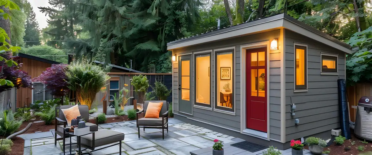 A grey backyard ADU with a striking red front door, large vertical windows glowing with light, and an outdoor patio area with seating.