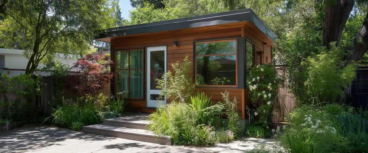 A rectangular backyard ADU with horizontal natural wood siding, a flat dark roof, a white glass door, and large windows with dark trim, nestled in a shaded garden with tall trees and greenery.