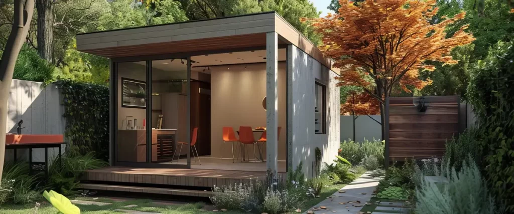 Exterior view of a newly built modern backyard studio with large glass sliding doors and a wooden deck, representing the final result of your ADU construction cost.