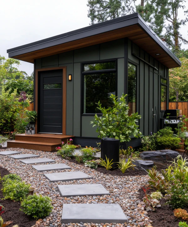 A modern dark green ADU construction in Sunnyvale, CA featuring a flat roof, wood trim, a black front door, and a landscaped yard with stone pavers.