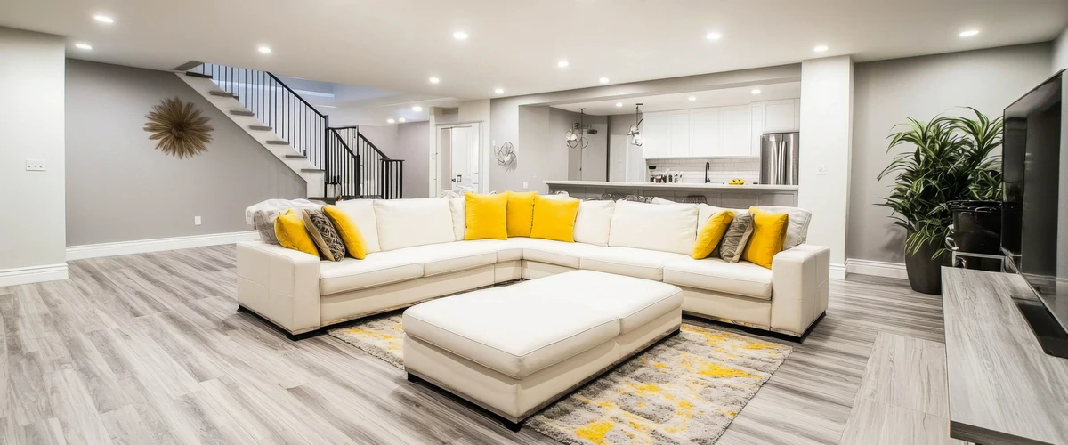 A spacious finished basement remodeling project featuring a large white sectional sofa with yellow pillows, light wood-look flooring, and an open kitchenette.