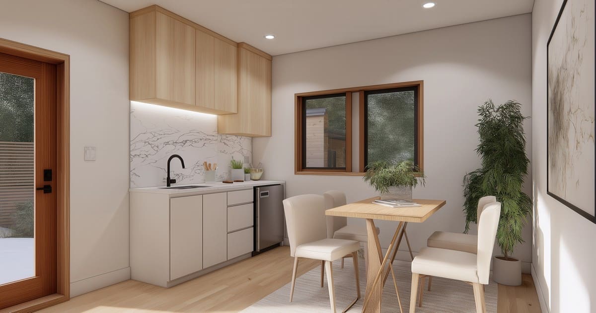 A bright, modern minimalist kitchen and dining area featuring light wood upper cabinets, white lower cabinets, and a small dining table, illustrating the quality you get when budgeting for ADU Cost Bay Area.