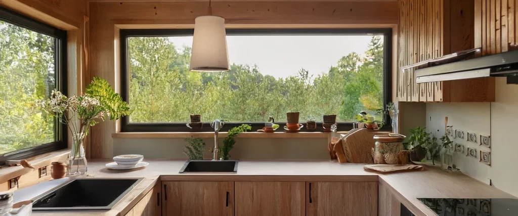 A bright and modern rustic ADU interior featuring light wood kitchen counters, a black sink, and a wide panoramic window looking out onto lush green trees.