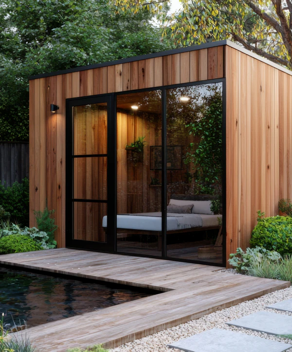 A modern, wood-paneled backyard ADU featuring black-framed glass doors revealing a bed inside, situated next to a wooden deck and a dark water feature, showcasing custom ADU Construction in Cupertino, CA.