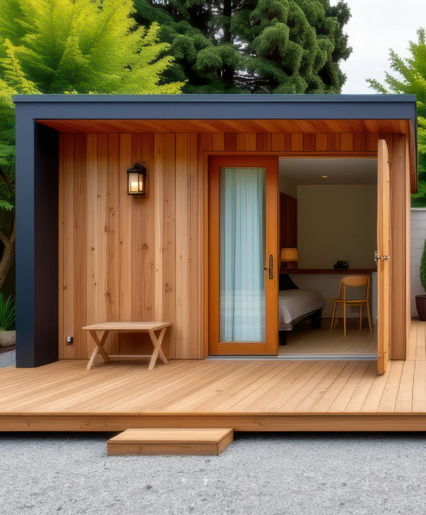 A modern, wood-paneled Accessory Dwelling Unit with a flat roof and spacious wooden deck built by top ADU construction companies in Cupertino, CA, featuring an open glass door revealing a cozy bedroom and workspace interior.