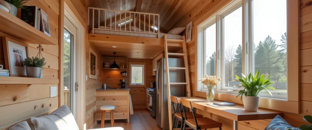 Space-saving wood-paneled ADU interior featuring a sleeping loft accessed by a wooden ladder, a compact kitchen with stainless steel appliances, and a built-in window desk.